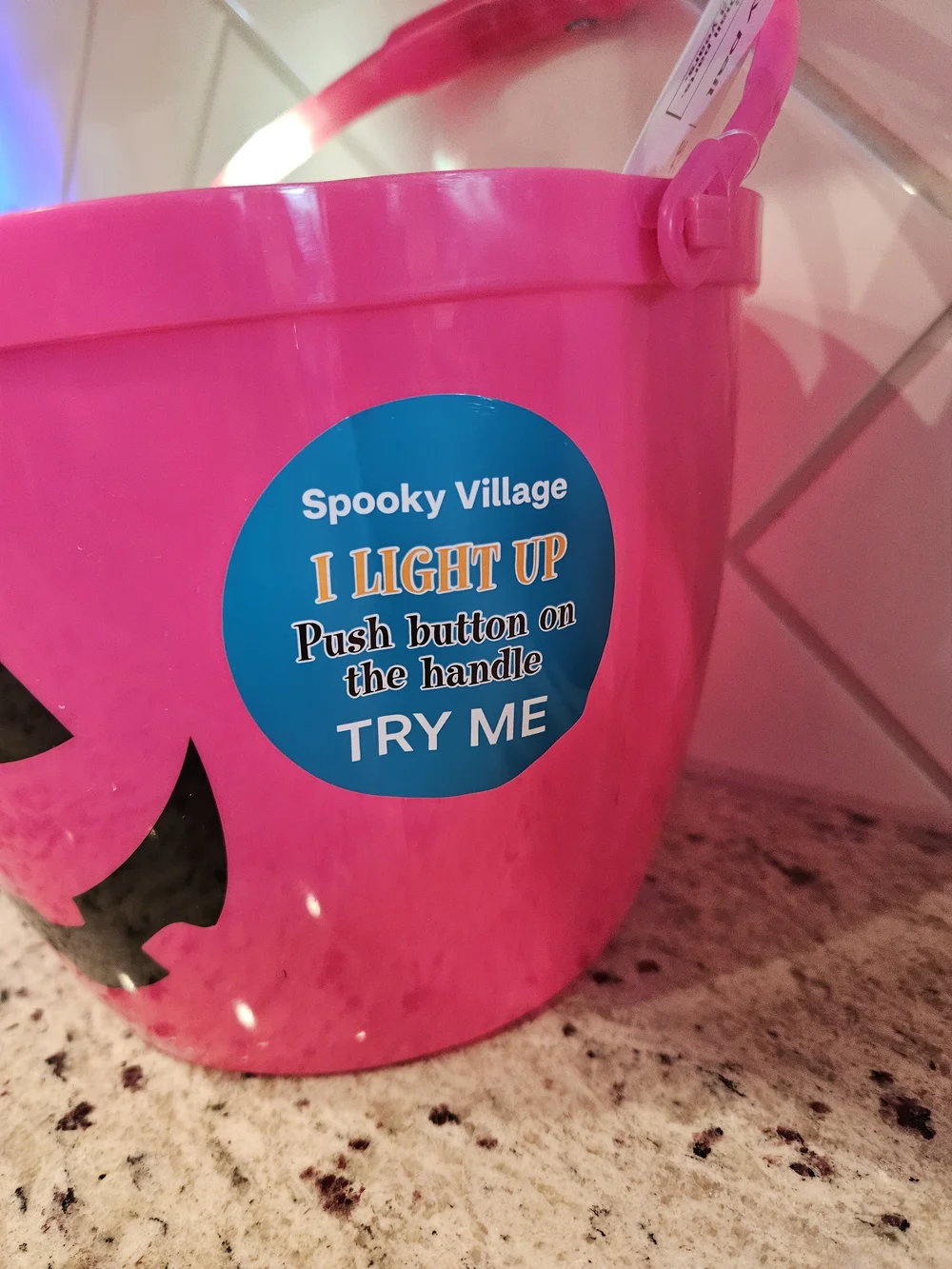 Spooky Village Halloween Light Up Trick or Treat Candy Bucket Pail Pumpkin Pink.